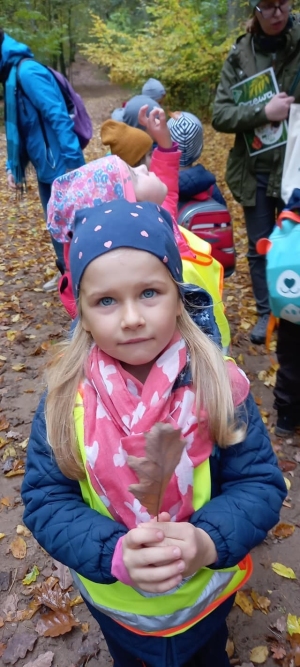 Dzieci idą leśną ścieżką. Dziewczynka w czapce trzyma liśćie 
w dłoniach.