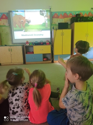 Dzieci oglądają prezentację o lesie, poznają wiadomości nt. zwierząt leśnych, tj. niedźwiedź.